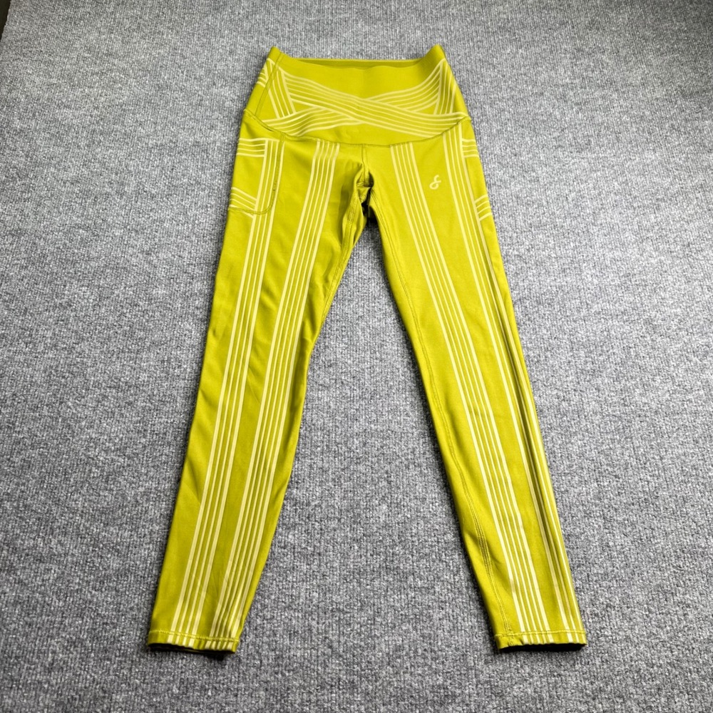 Fanka Leggings Womens Small Chartreuse‎ Green Geometric Stripe High Waist Pocket